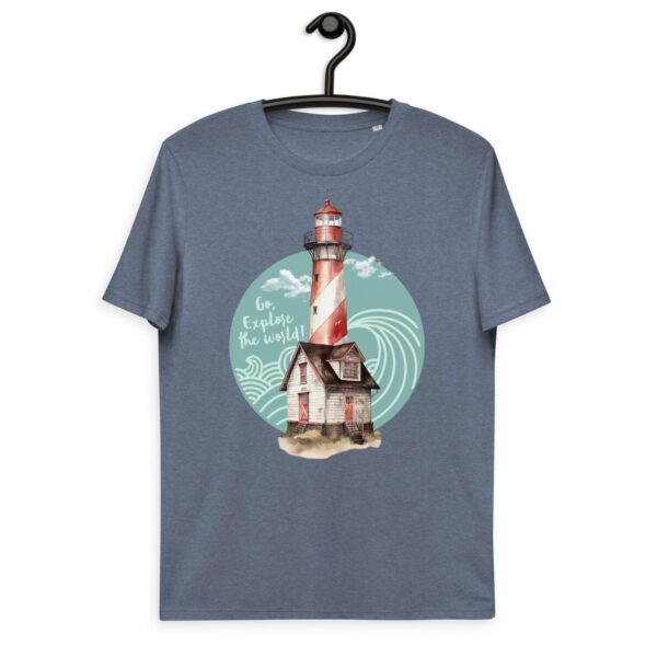 Unisex organic cotton t-shirt with a lighthouse print and "Go, Explore the World" slogan