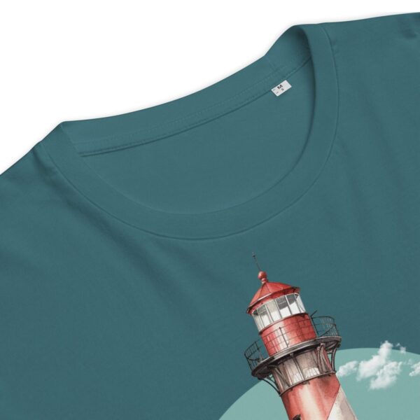 Unisex organic cotton t-shirt with a lighthouse print and "Go, Explore the World" slogan
