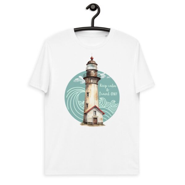 Unisex organic cotton t-shirt with a lighthouse print and "Keep calm & Travel on" slogan