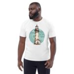 Unisex organic cotton t-shirt with a lighthouse print and "Keep calm & Travel on" slogan