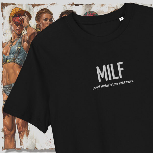 MILF: Fitness Mom – black T-shirt with funny embroidery